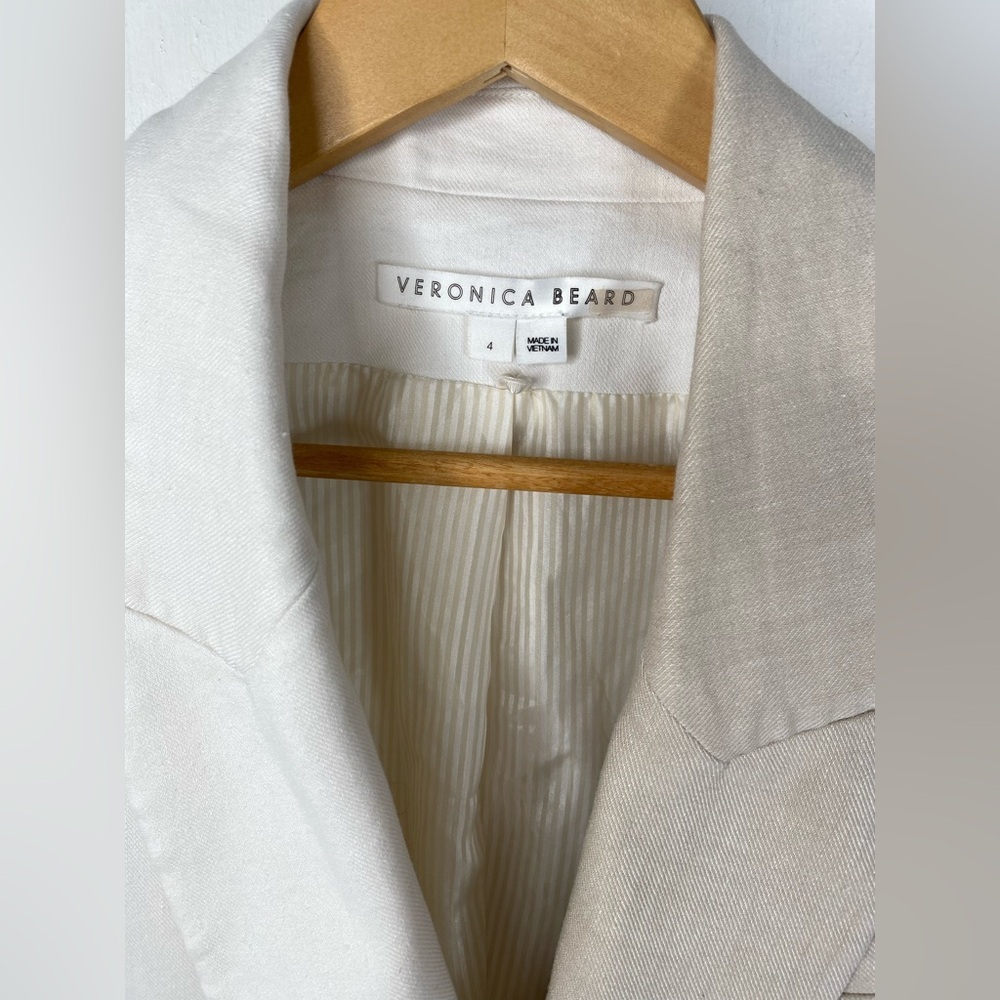 Veronica Beard Braeton Cream & Beige Double-Breasted Linen Dickey Blazer - Picture 2 of 10